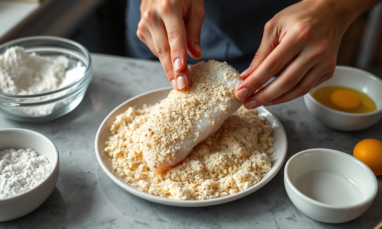 Empanando os filés na farinha e panko