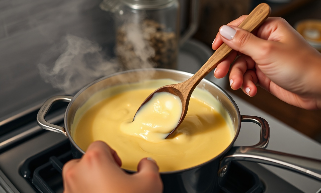 Momento de cozinhar o creme de leite condensado no fogão.