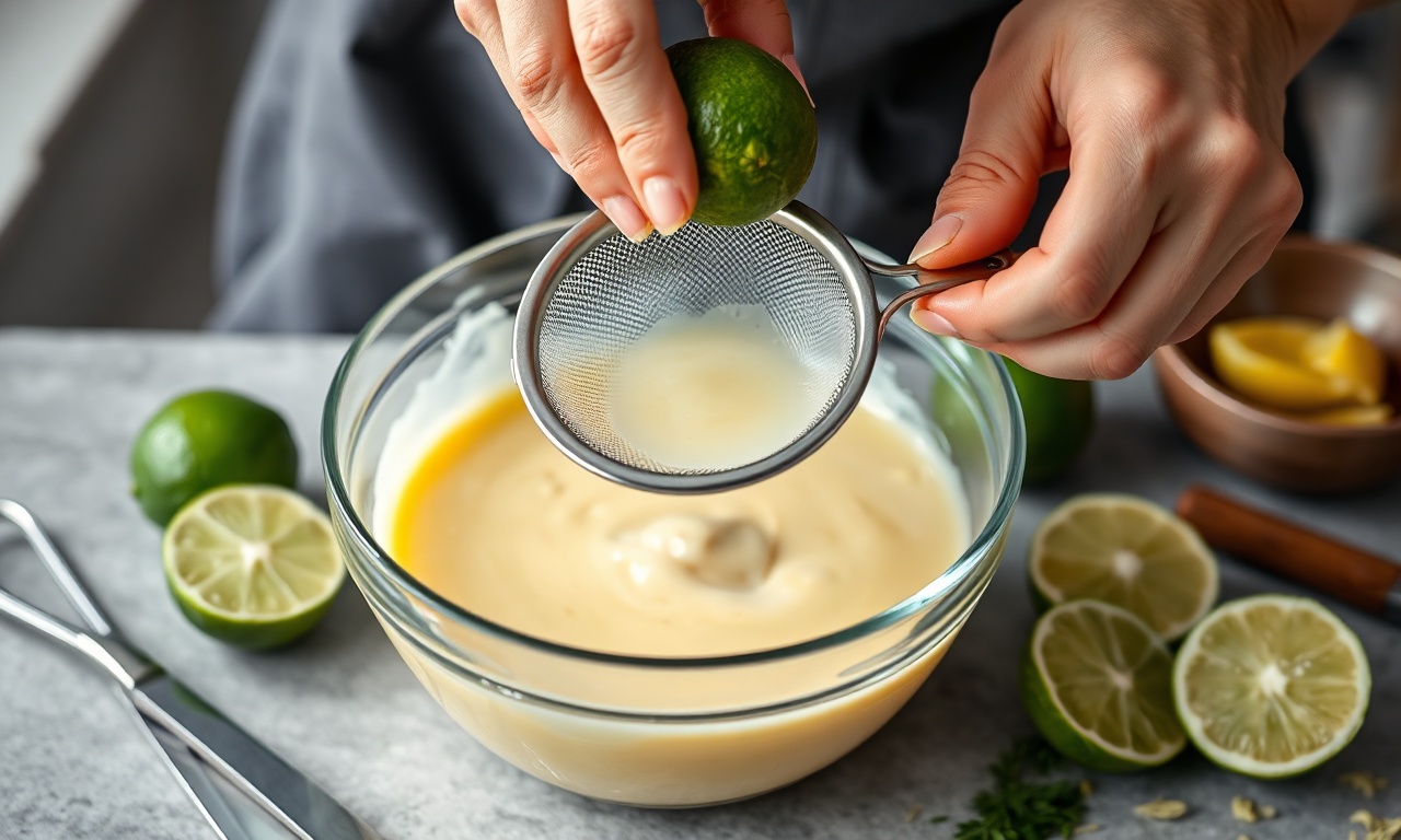 O momento de adicionar o suco de limão fresco ao recheio, que engrossa naturalmente.