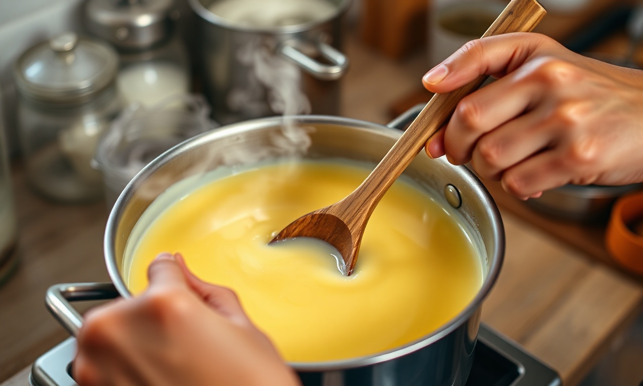 O creme de baunilha sendo mexido na panela até engrossar.