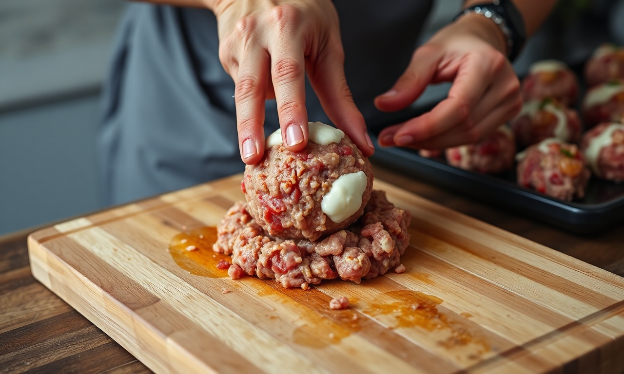Almôndegas Recheadas Com Queijo: Fofas E Prontas Em 40 Min 5 Mãos modelando a carne ao redor de um cubo de muçarela congelada