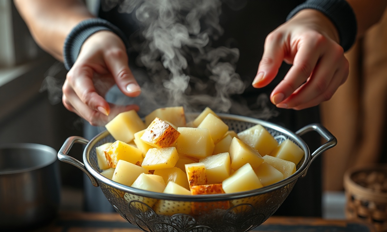 Batatas sendo agitadas vigorosamente no escorredor para criar bordas rústicas.