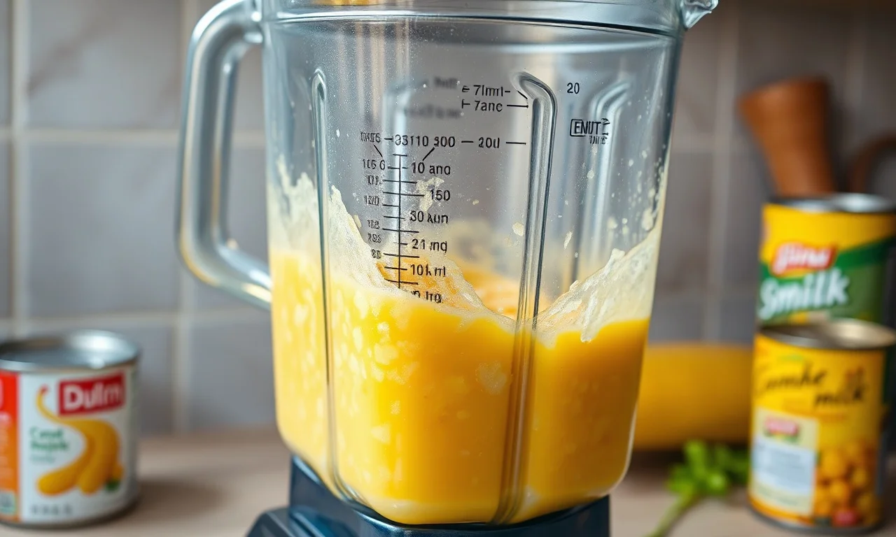 O momento de bater os ingredientes no liquidificador, mostrando a mistura cremosa e amarelada sendo processada.