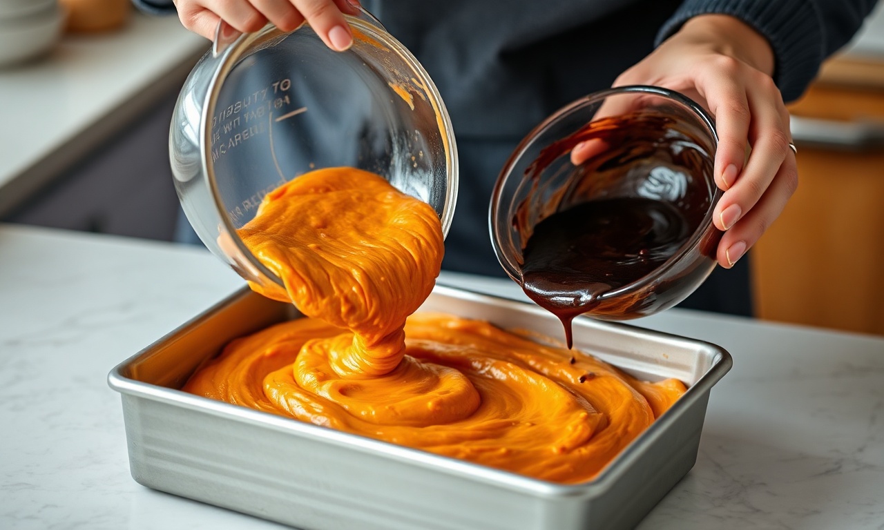 Bolo Mármore De Cenoura E Chocolate Fofinho Em 45 Min 5 O momento de despejar as massas na forma e criar os veios com o garfo.