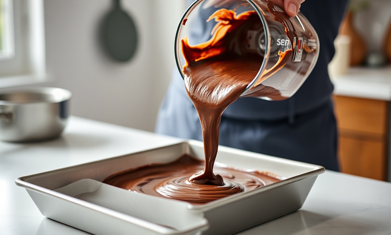 Despejando a mistura cremosa de chocolate do liquidificador na assadeira untada.