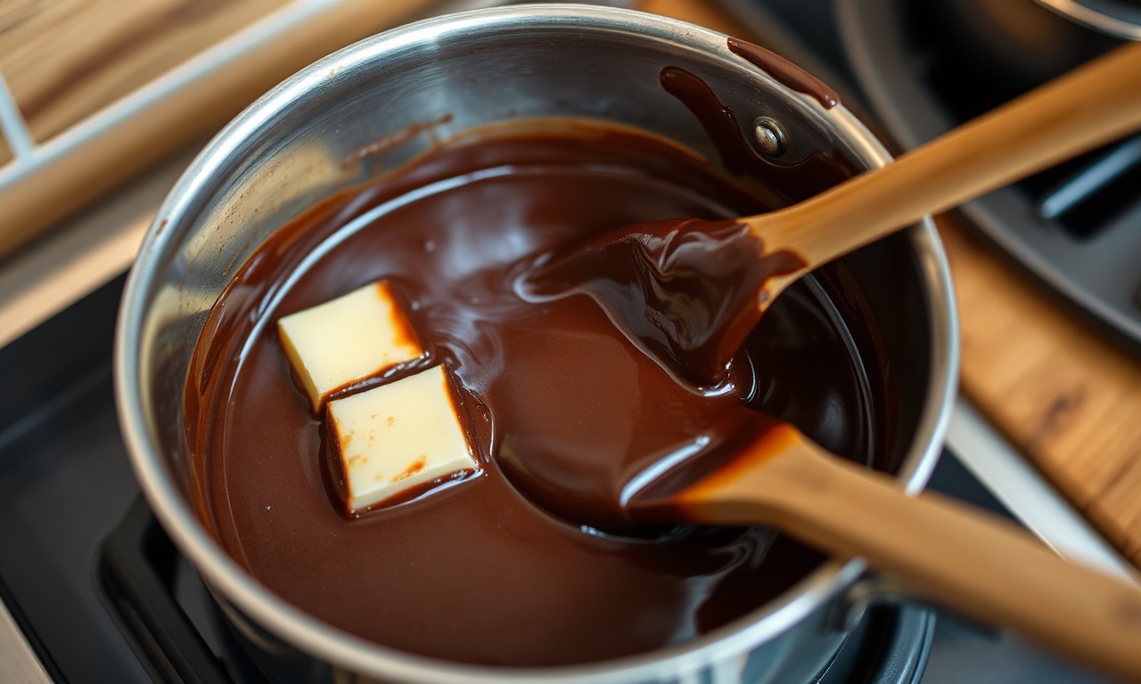 Manteiga derretida sendo misturada com chocolate em panela no fogão