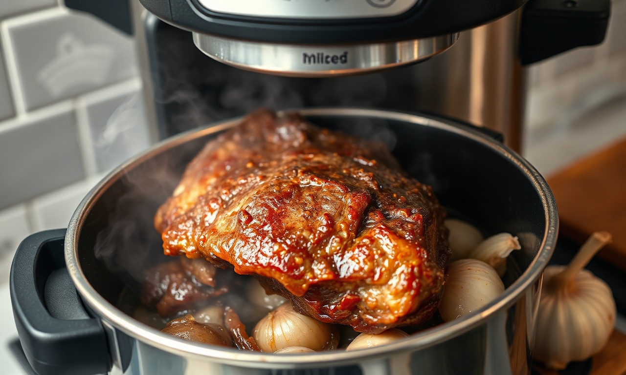 Carne sendo selada na panela elétrica com vapor subindo