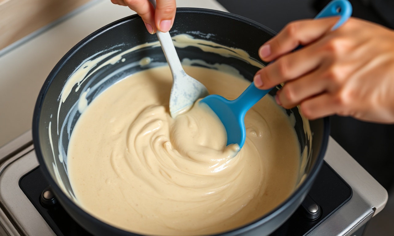 Doce De Leite Ninho Cremoso Em 20 Minutos (Apenas 3 Ingredientes) 5 Mãos mexendo a mistura cremosa em uma panela antiaderente com uma espátula de silicone, mostrando a textura que começa a engrossar.
