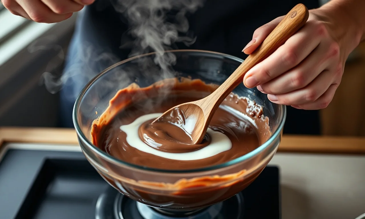 O momento de mexer o chocolate derretido com o creme de leite na tigela de vidro quente.