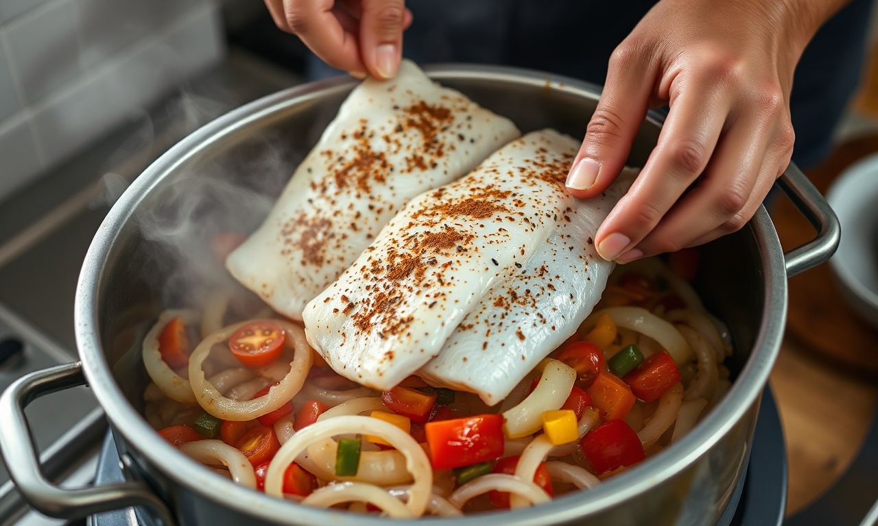 Os filés temperados sendo colocados sobre a cama de verduras na panela de vapor.