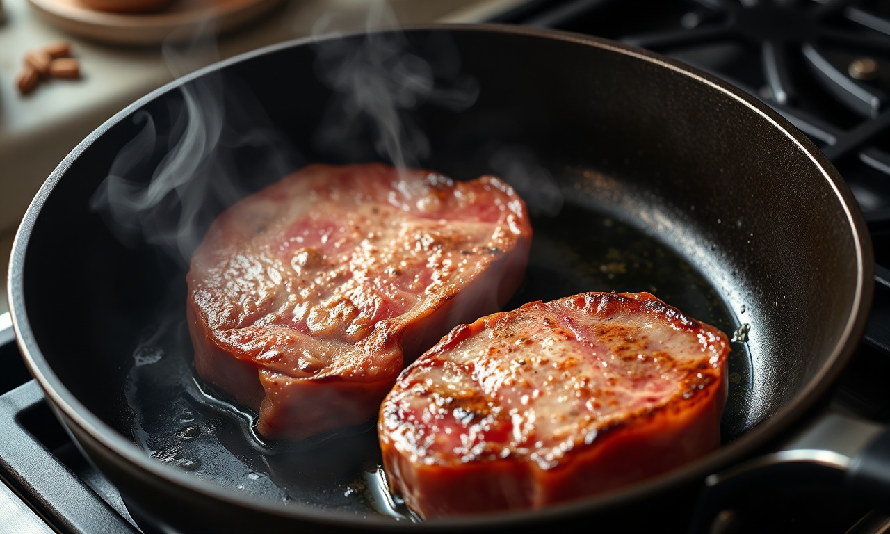 O momento da selagem dos bifes em fogo alto para criar a crosta.