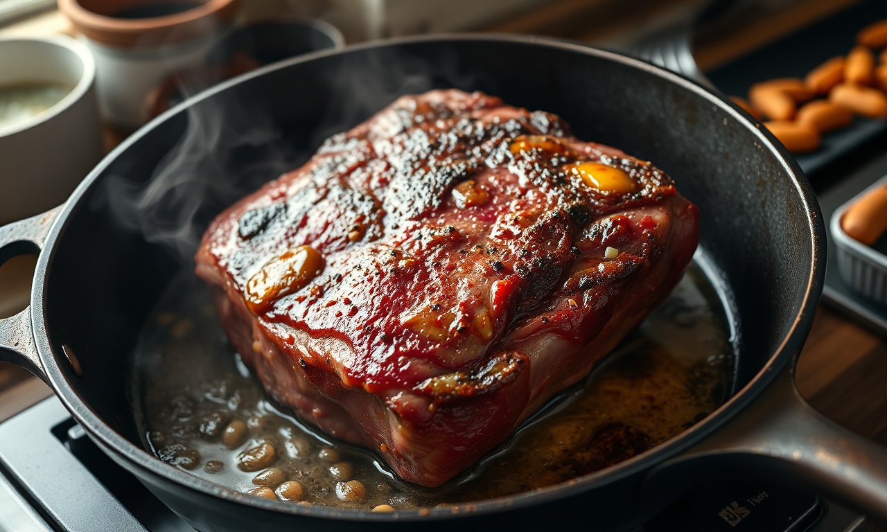 O momento de selar a carne na assadeira