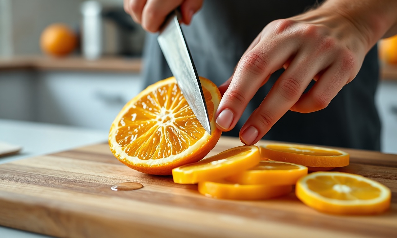 Cortando a laranja em fatias finas sobre a tábua.