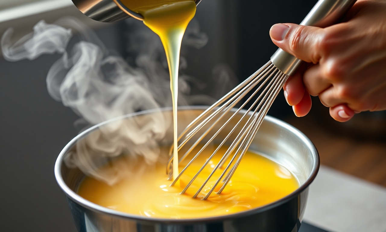 O momento da emulsificação, adicionando a manteiga clarificada em fio às gemas.