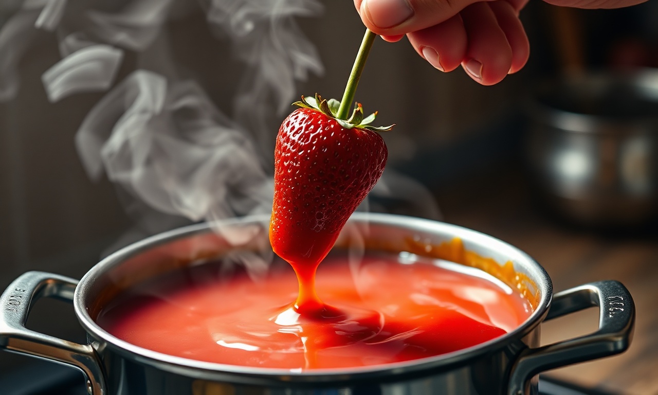 Mergulhando o morango no caramelo quente e brilhante.