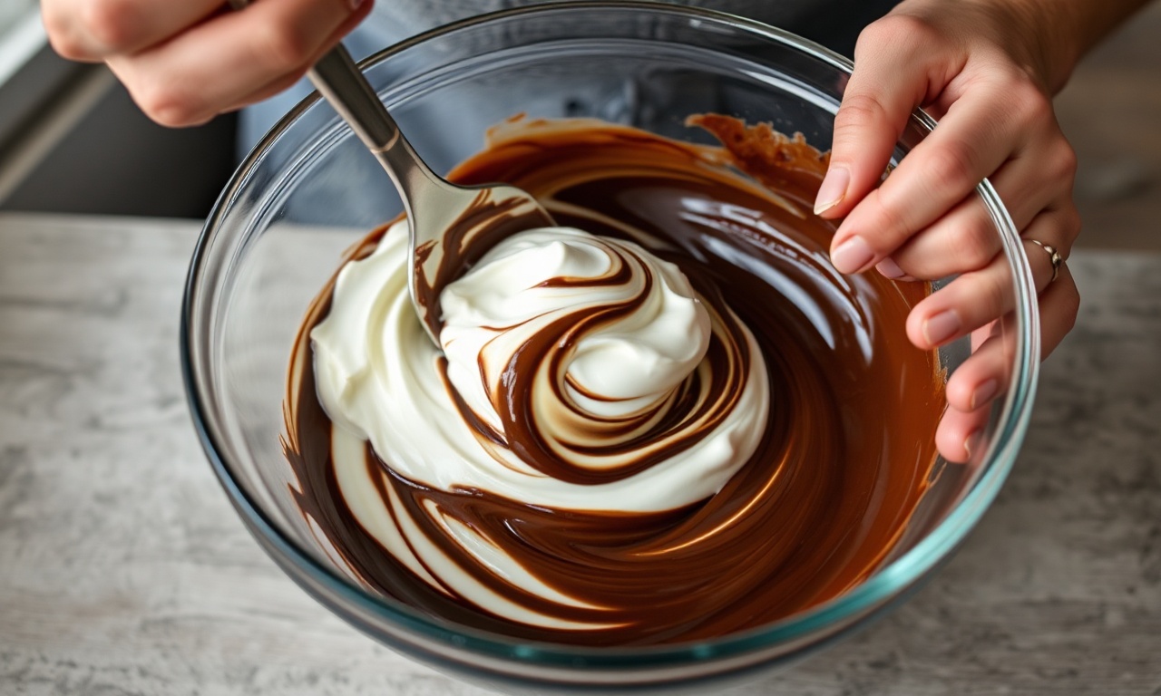 O momento de dobrar o creme batido no chocolate derretido para criar a textura sedosa.