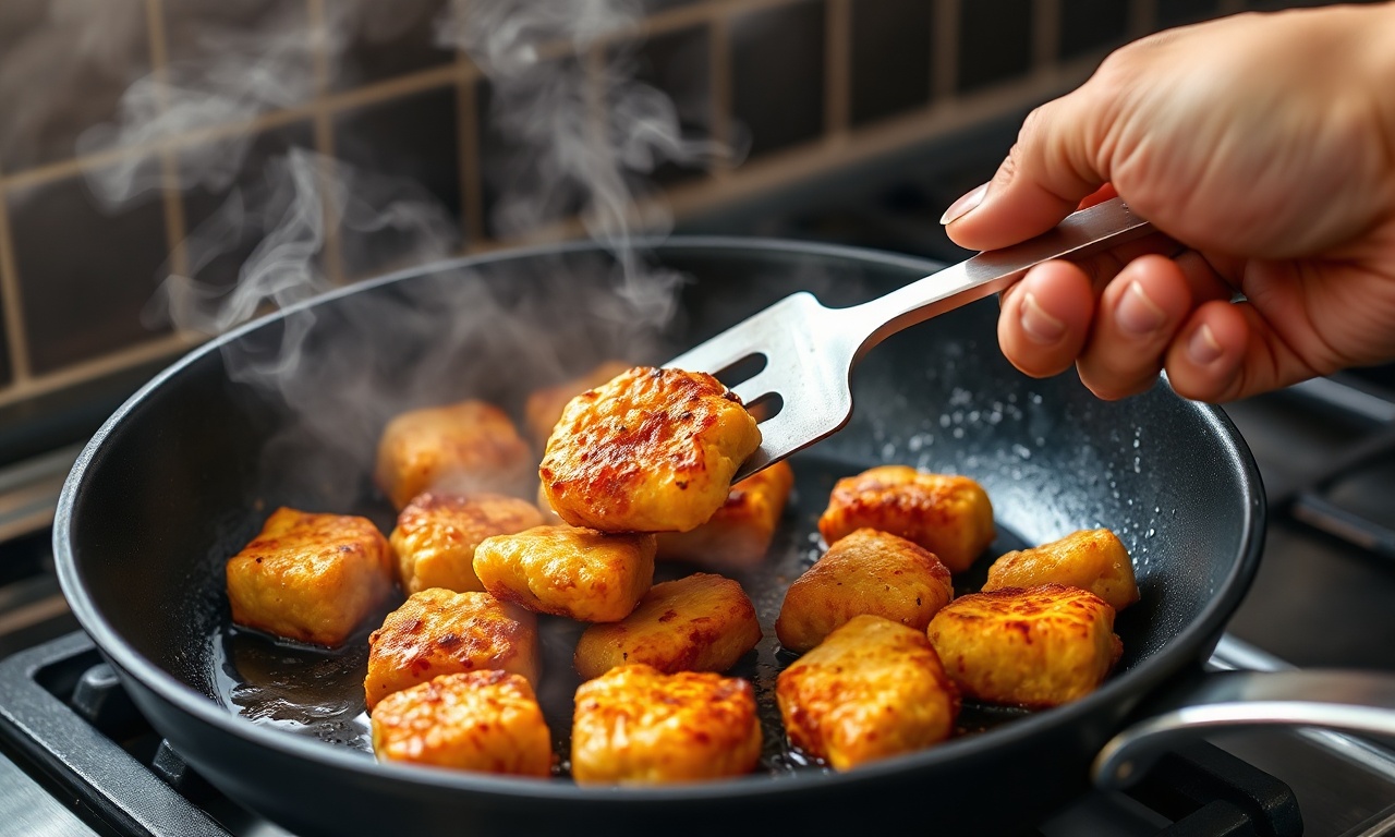 Nuggets Na Frigideira: Crocantes Em 10 Min Com 2 Ingredientes 5 O momento de virar os nuggets para dourar o outro lado.