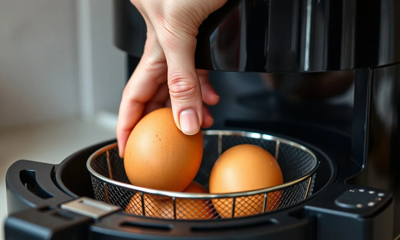 Ovos sendo colocados cuidadosamente no cesto da air fryer