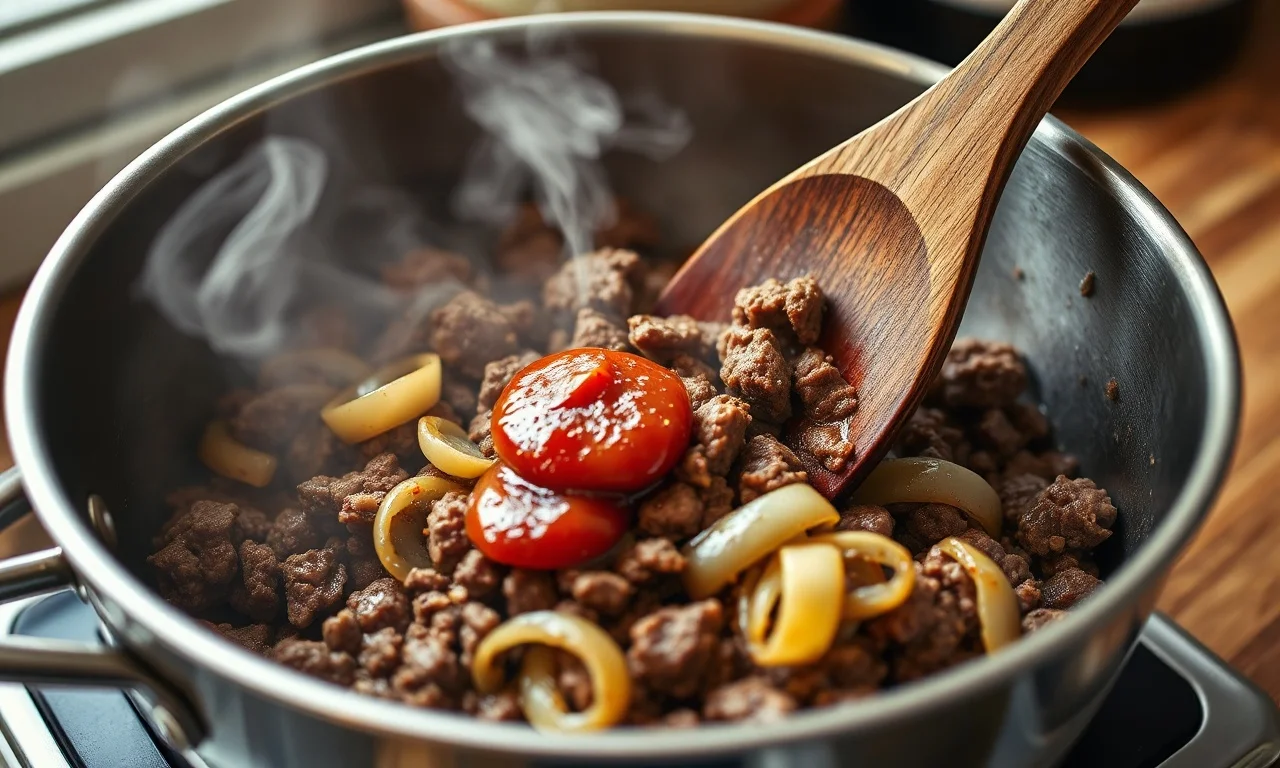 Cozinhando a carne moída com o refogado