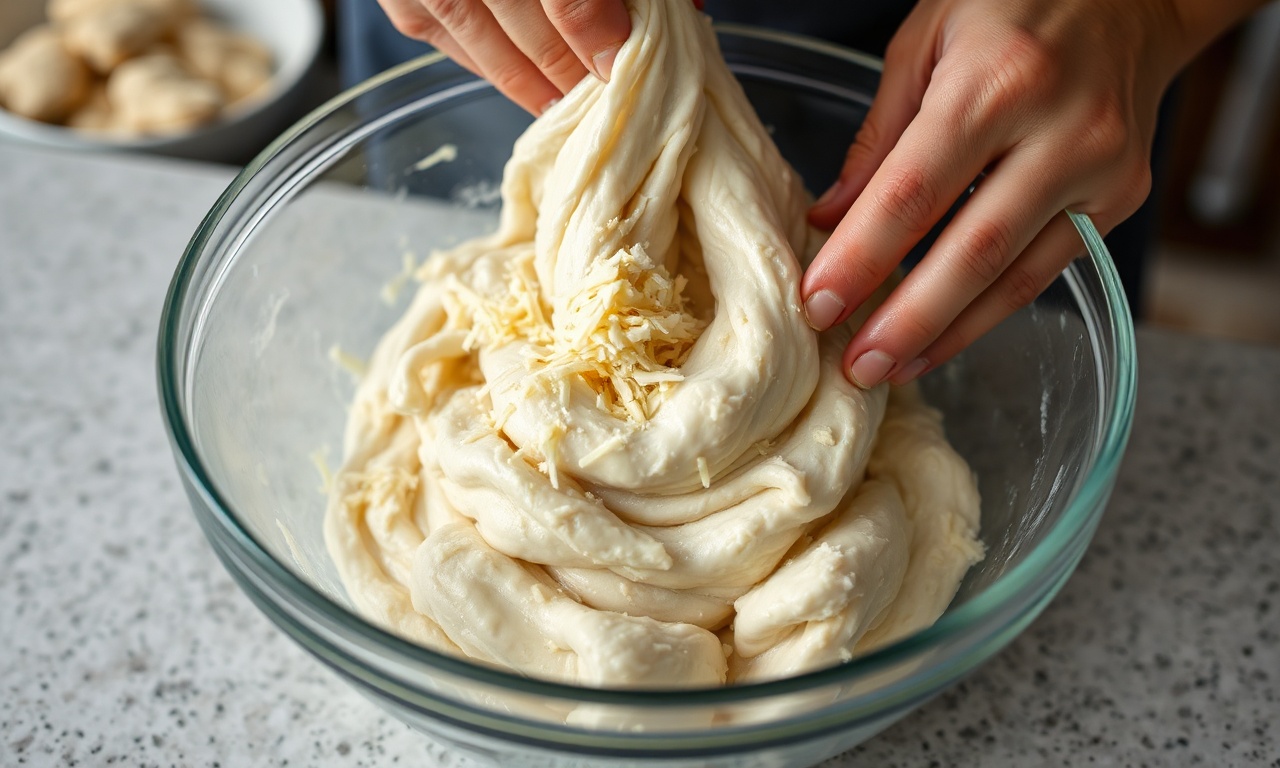 Mãos sovando a massa de polvilho com queijo em uma tigela.