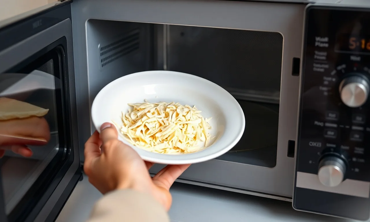 O momento de levar o prato com queijo ao micro-ondas para gratinar.