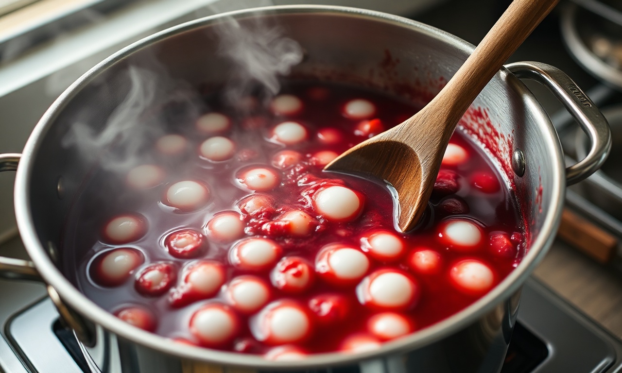 Sagu cozinhando em panela com vinho tinto borbulhando e grãos começando a ficar translúcidos