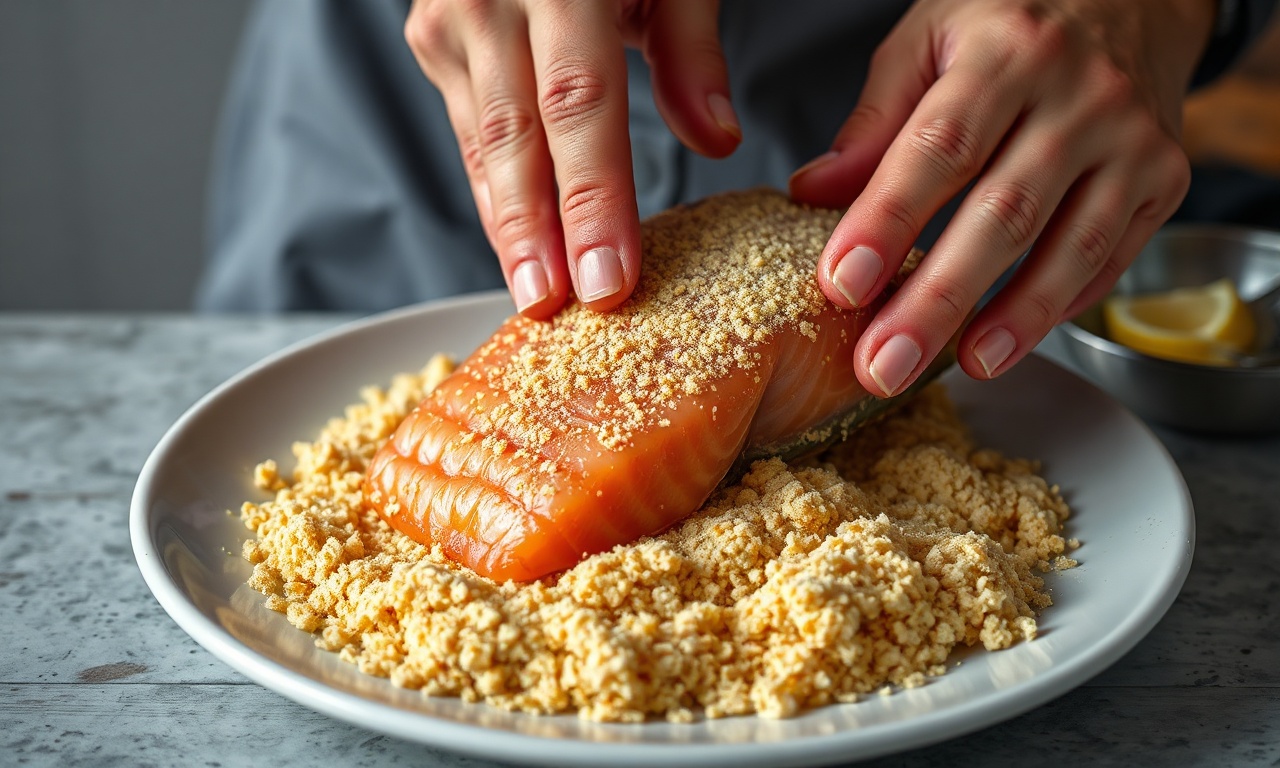 O momento de empanar o filé de salmão na farinha panko.