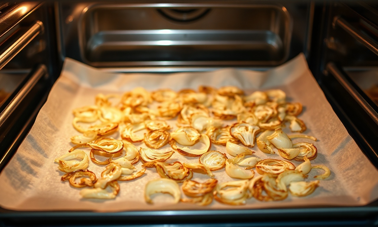 Fatias finas de alho e cebola secando no forno.