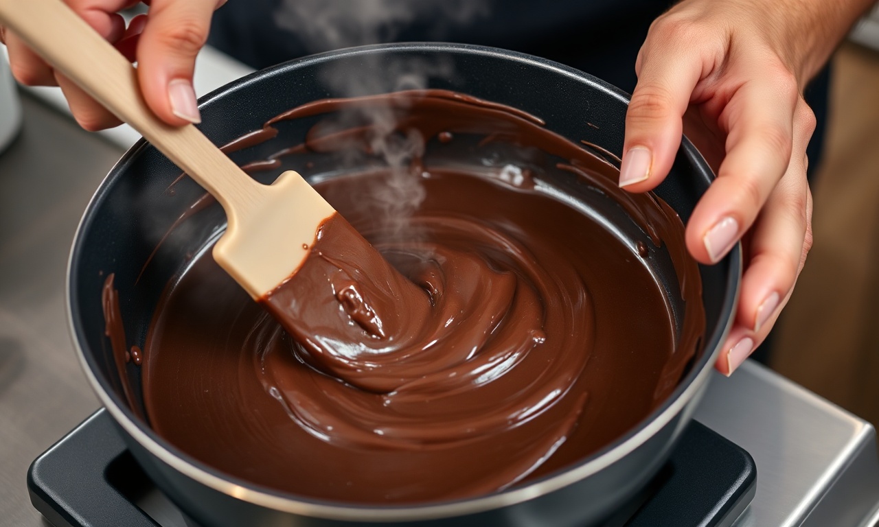 Mãos mexendo brigadeiro cremoso em panela antiaderente com espátula de silicone, chocolate derretido brilhante.