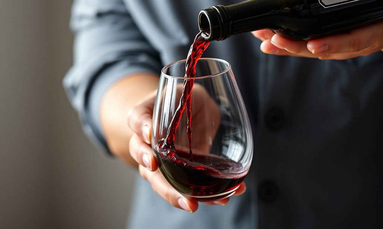 O passo crucial de verter o vinho em ângulo para arejar e reter sedimentos.