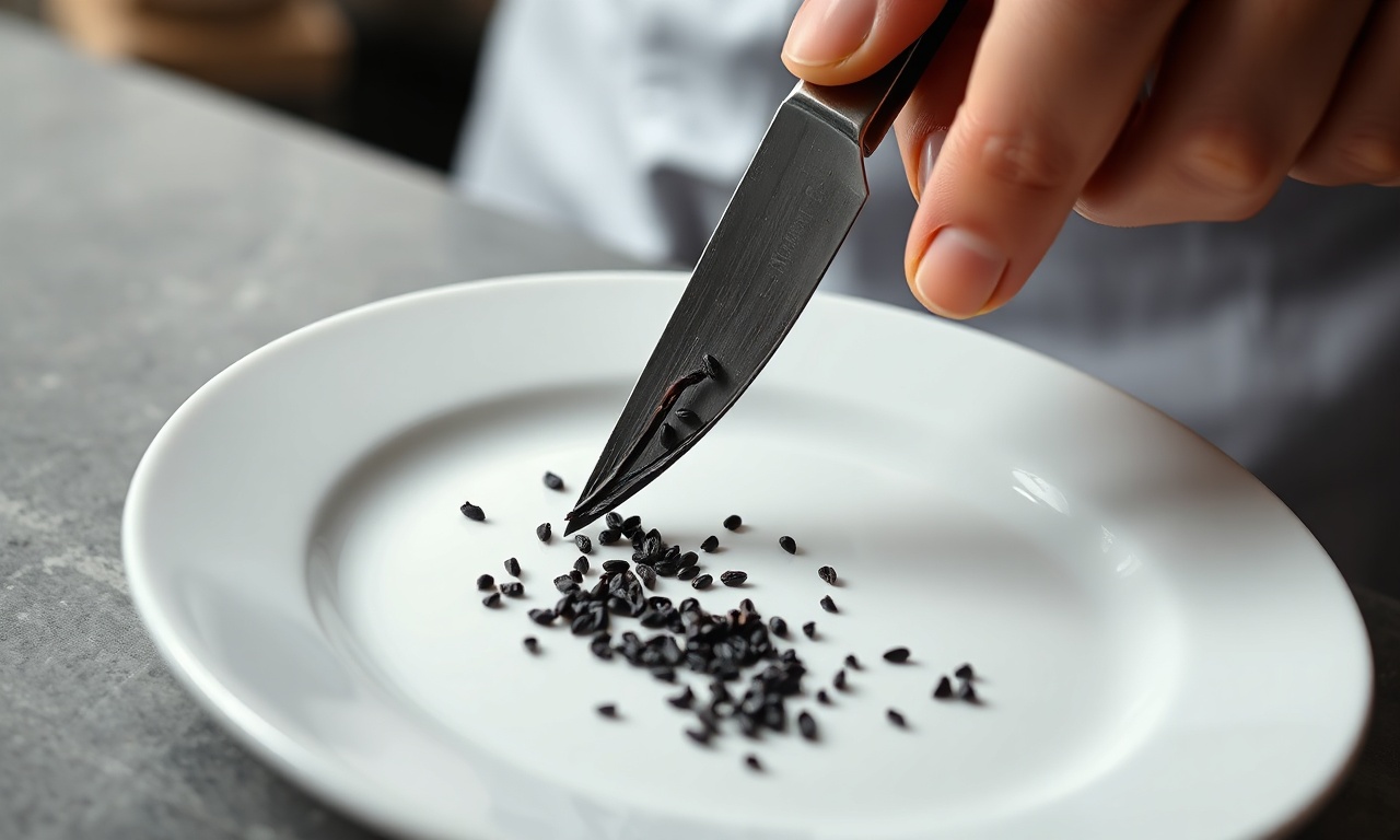 O momento de raspar as sementes (caviar) de uma vagem de baunilha com a ponta de uma faca.