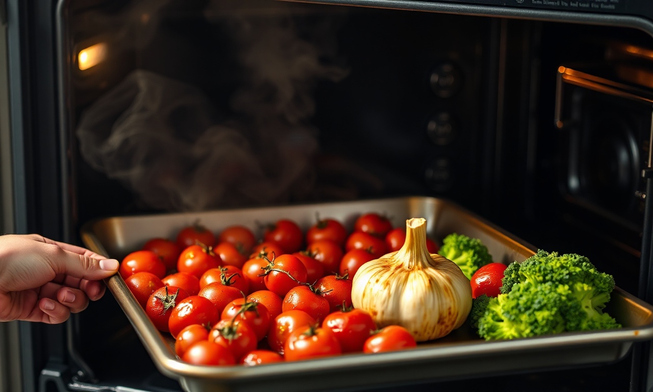 O momento em que a assadeira com o alho, tomates e brócolis é retirada do forno, com os tomates estourados e o alho dourado.