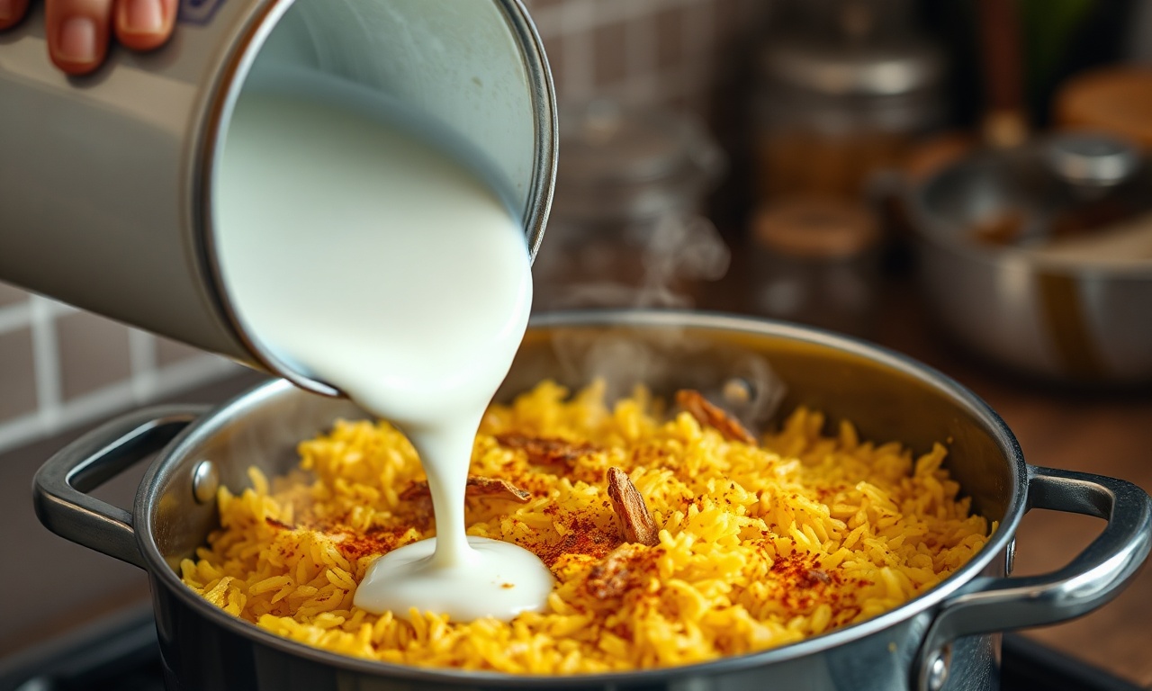 O momento em que o leite de coco é adicionado ao arroz