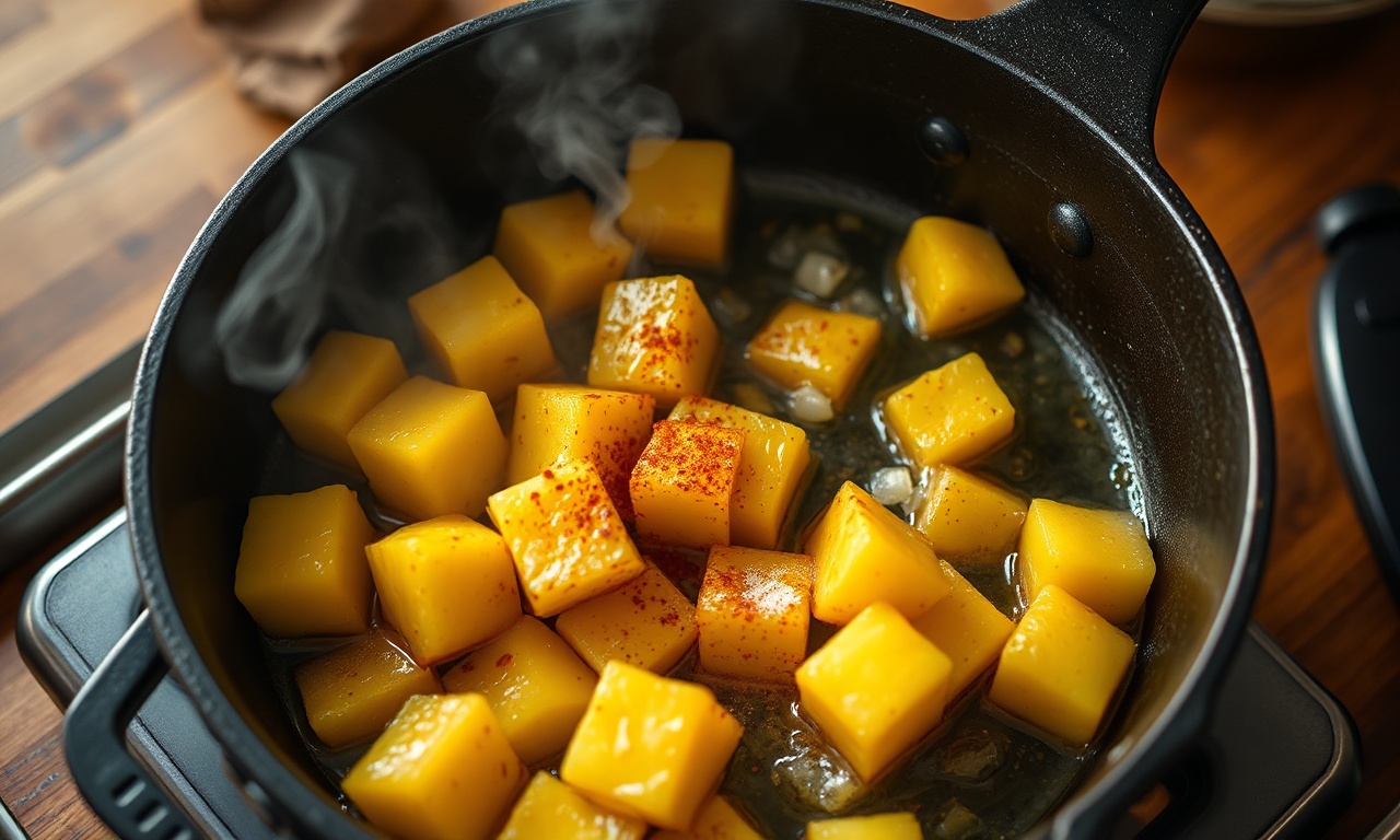 Abacaxi sendo caramelizado na manteiga com curry