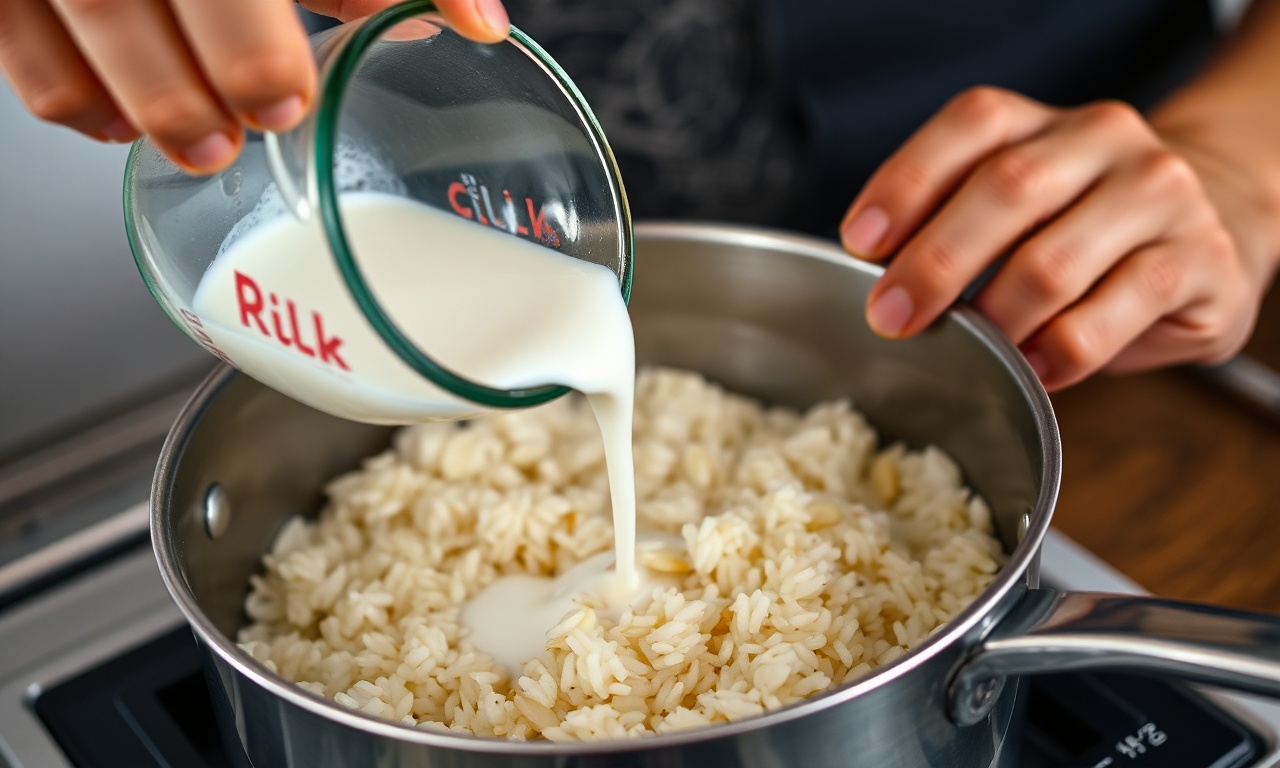 Arroz Cremoso Para Escondidinho: Fácil, Com 6 Ingredientes 5 O momento de adicionar o leite e o caldo ao arroz refogado, iniciando o cozimento.