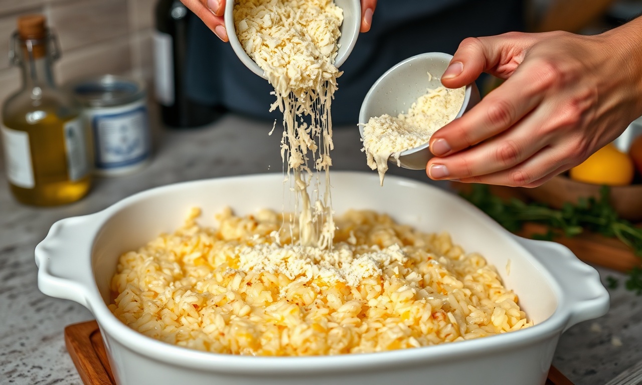 Mãos despejando a mistura cremosa de arroz, queijo e ovos em um refratário untado, com queijo ralado sendo polvilhado por cima.