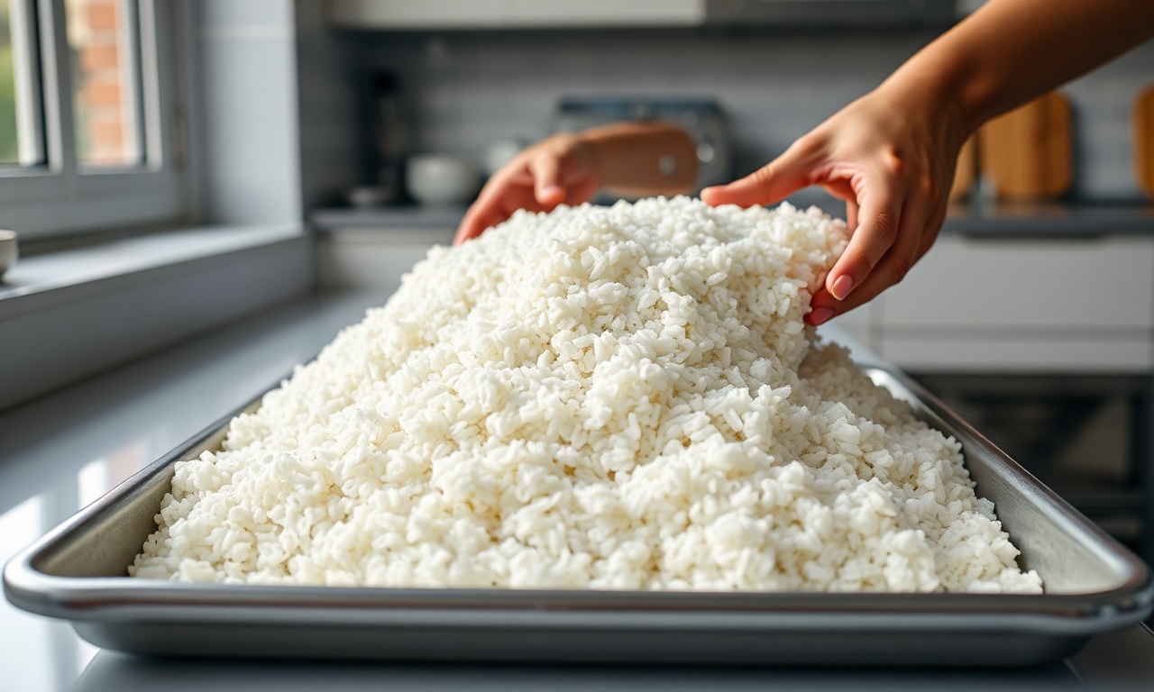 O passo crucial de espalhar o arroz em uma assadeira para resfriamento rápido.