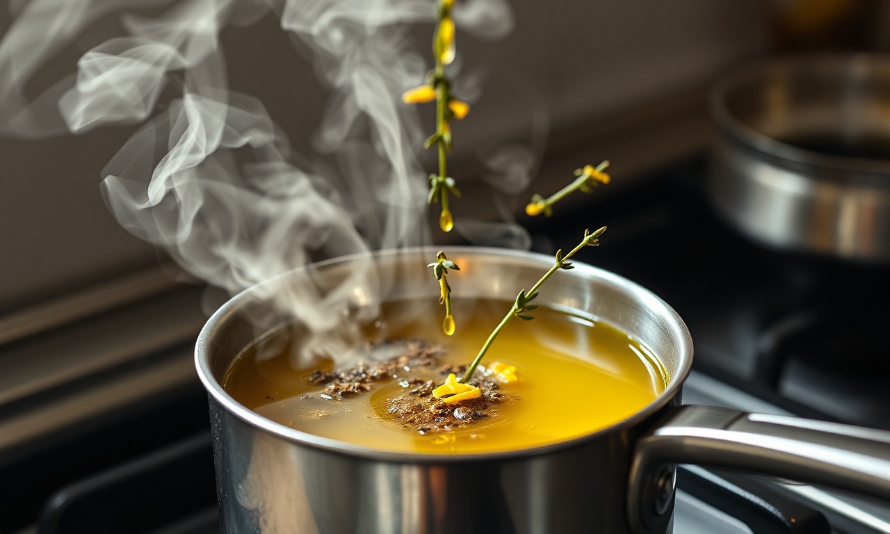 Azeite Aromatizado Com Tomilho E Limão: Fácil Em 10 Min 5 Aquecendo o azeite com os temperos na panela.
