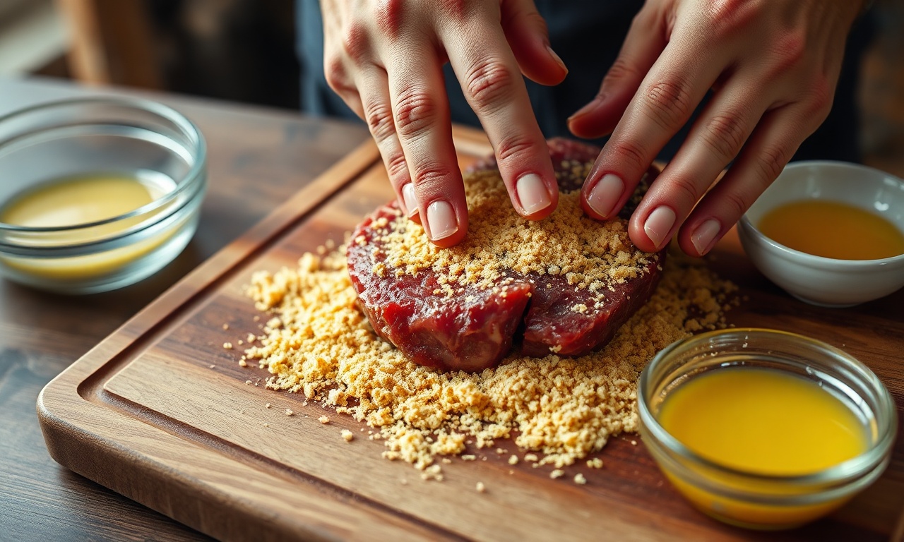 Bife sendo empanado na farinha panko antes de selar na frigideira