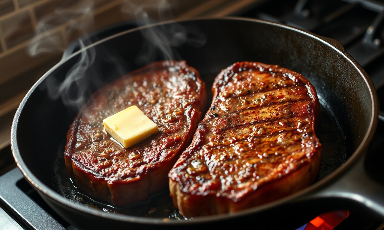 O momento em que o bife toca a frigideira de ferro fundido superaquecida, formando a crosta.