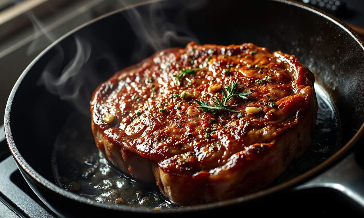O momento em que o bife é selado na frigideira quente, formando a crosta.