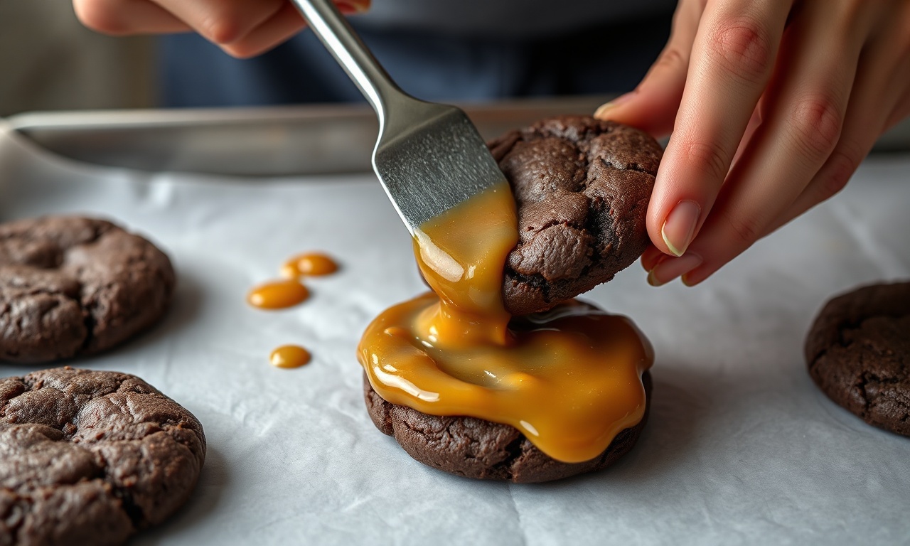 A etapa de montagem dos biscoitos com caramelo.