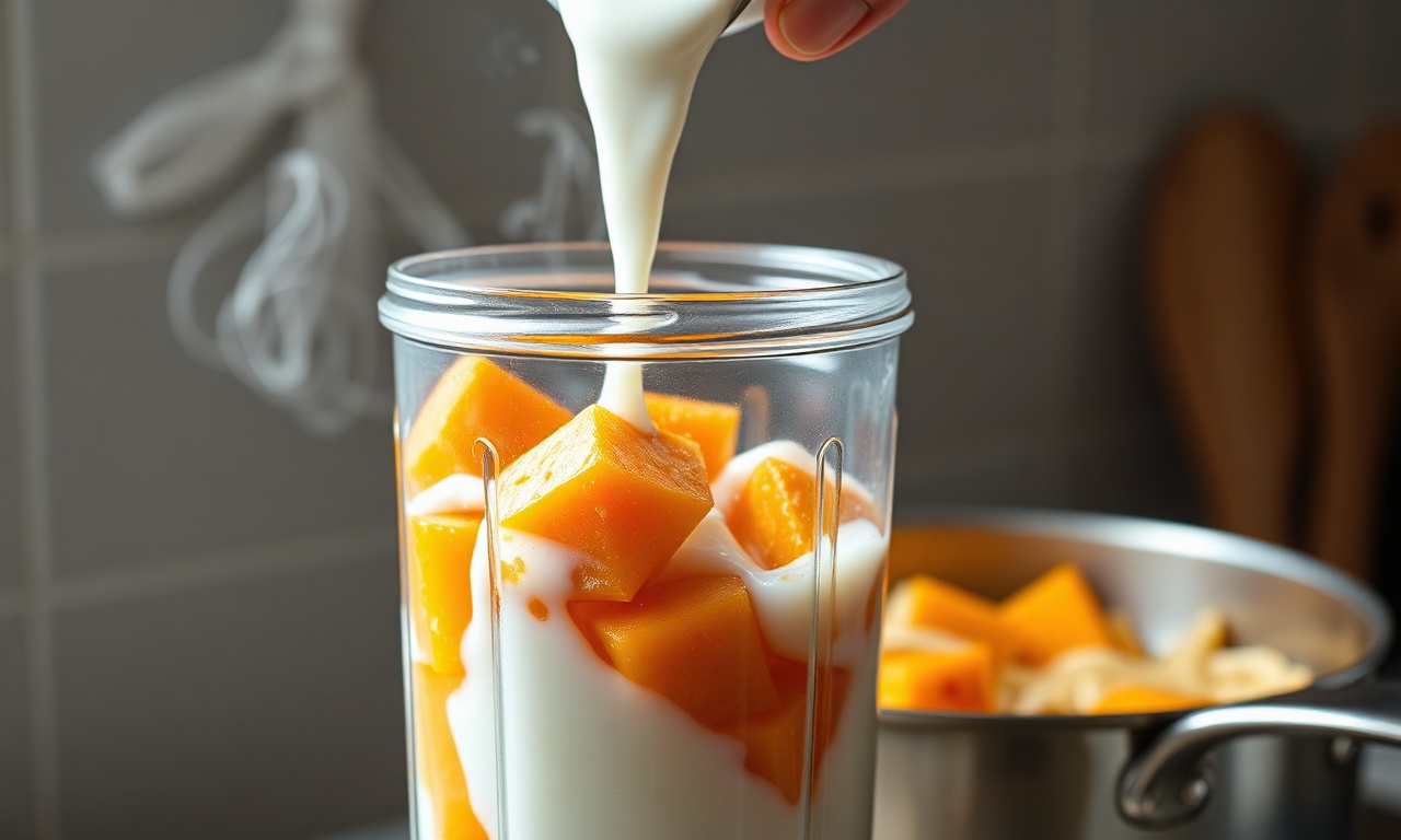Batendo a abóbora cozida com leite de coco no liquidificador.