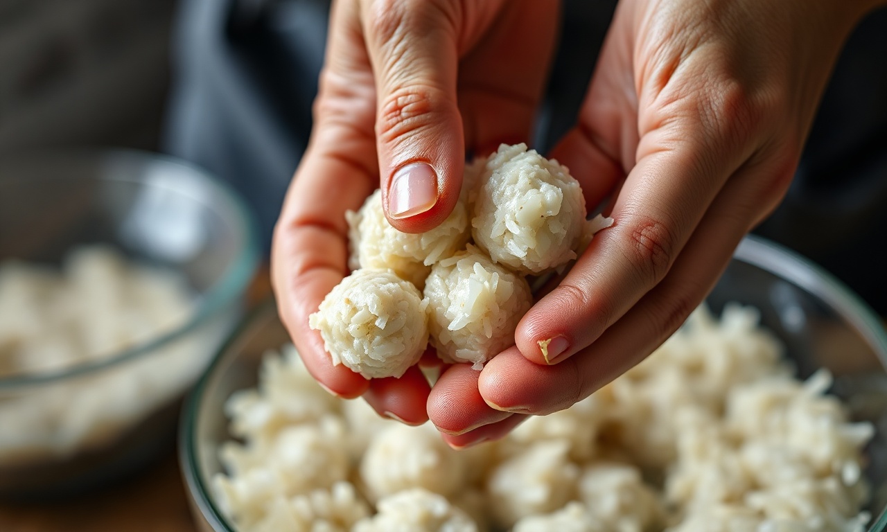 Mãos moldando a massa de arroz em bolinhos perfeitamente esféricos.