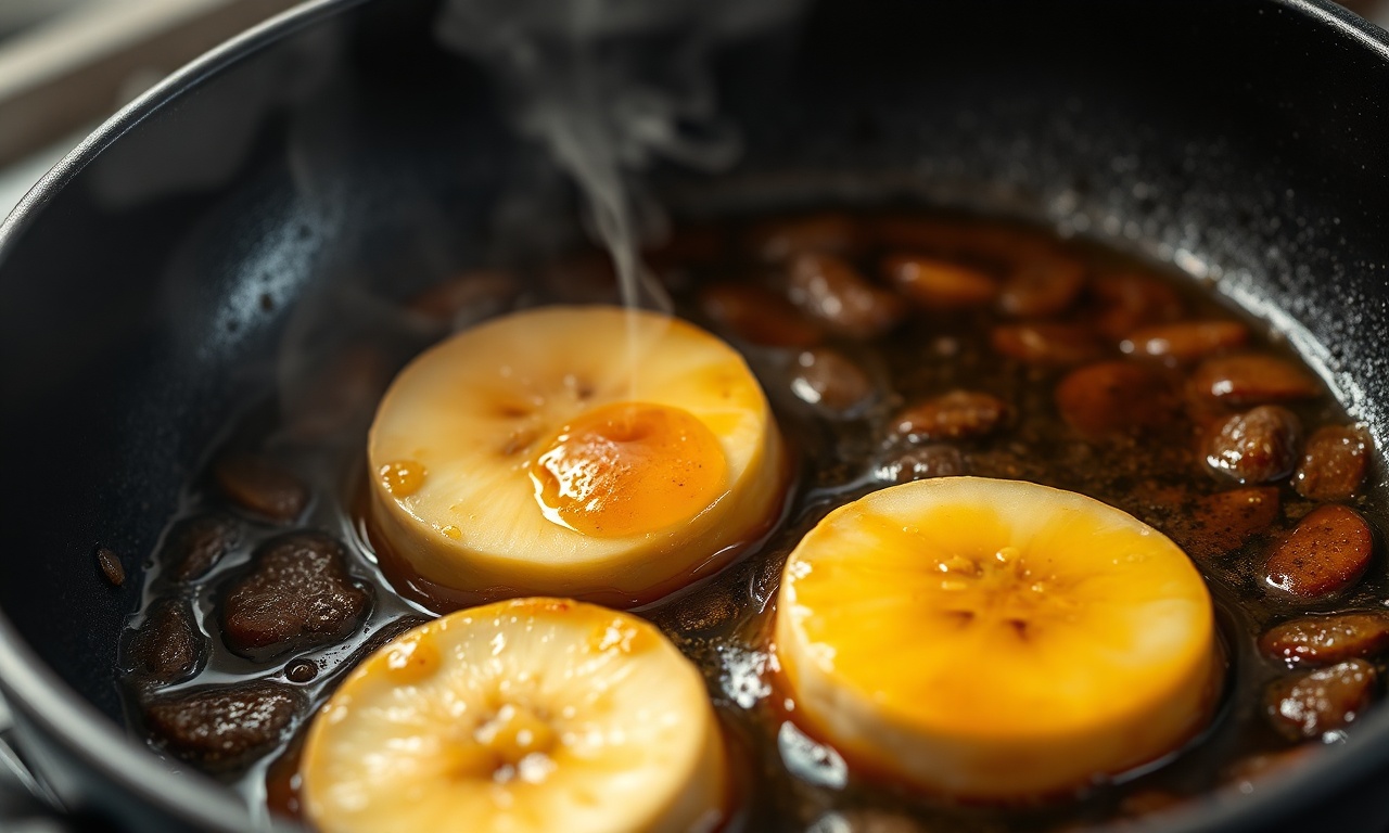 Bananas sendo caramelizadas na frigideira com manteiga e açúcar mascavo.