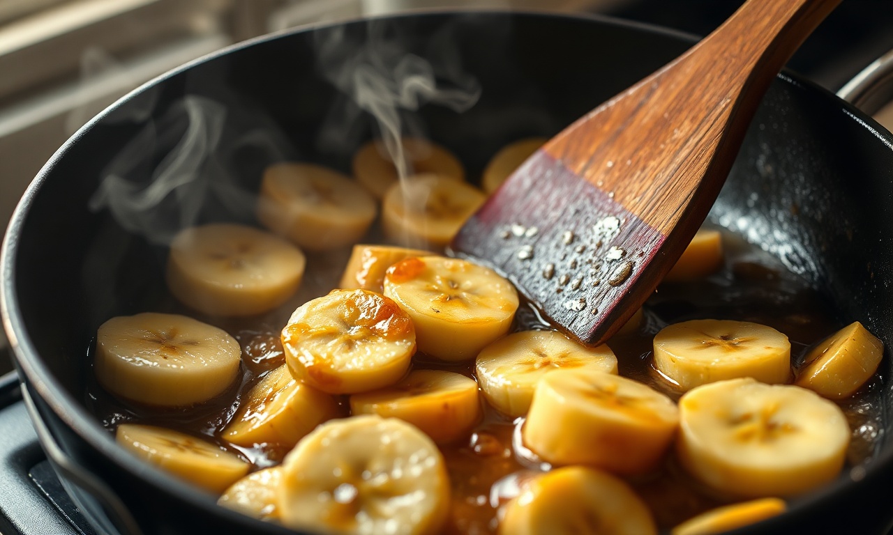 O momento crucial de caramelizar as fatias de banana na frigideira com manteiga e açúcar mascavo.