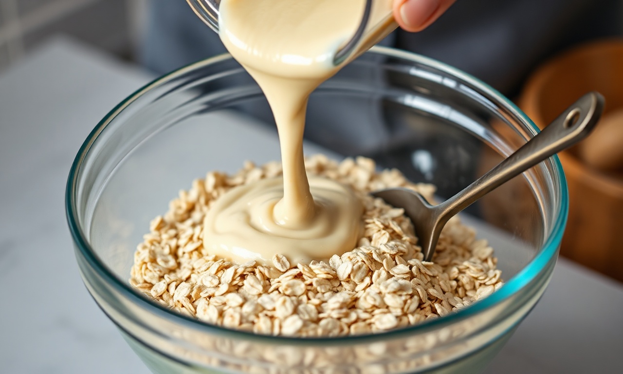 O momento de misturar o creme de banana com a aveia.