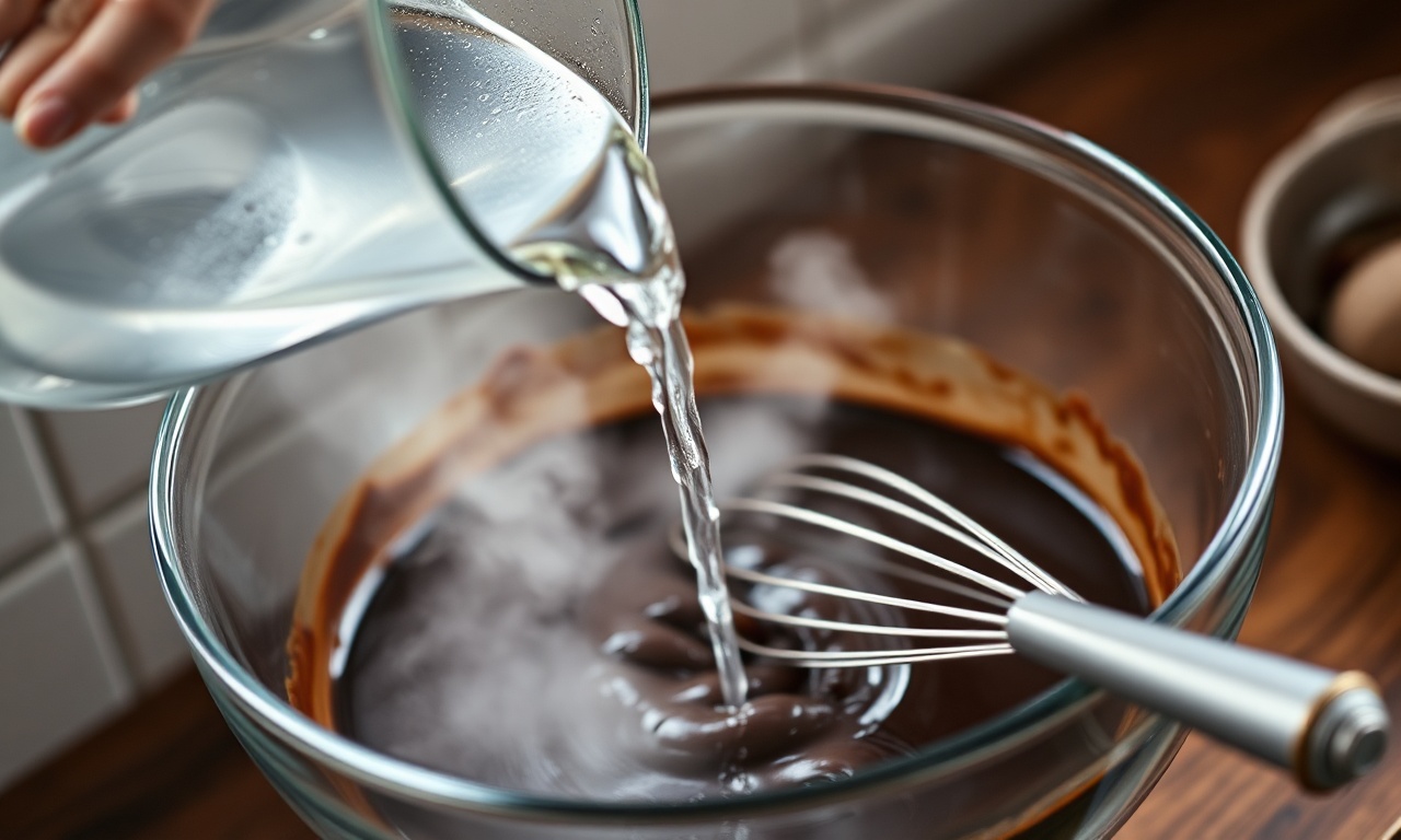 Bolo De Brigadeiro Fofinho E Úmido: Receita Fácil Em 50 Min 5 Despejando a água fervente na massa de chocolate líquida, o passo que garante a umidade.