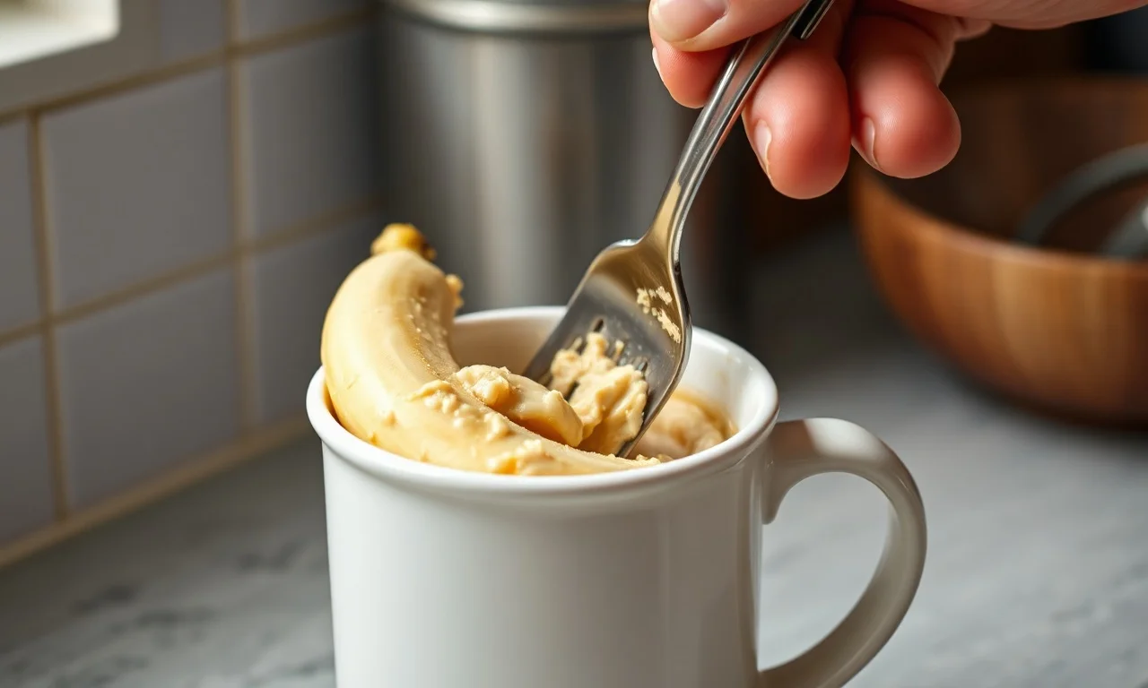 O momento de amassar a banana madura com um garfo dentro de uma caneca, formando um purê homogêneo.
