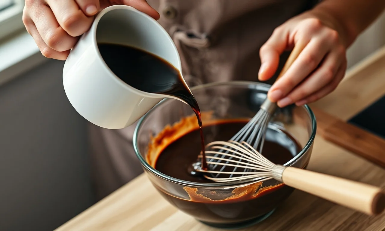 Despejando café quente na massa líquida de chocolate